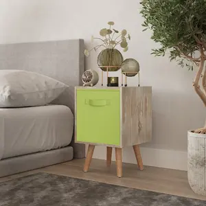 URBNLIVING 50cm Height Green 1-Drawer Cube Antique Oak Shelving Unit with Scandinavian Beech Legs