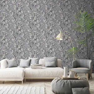 Erismann Blossom Floral Tree Trail Wallpaper Textured Vinyl Blue Grey 339576