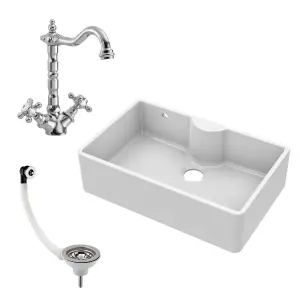 795mm - Single Bowl Fireclay Butler Kitchen Sink -  Ledge, French Classic Tap & Waste