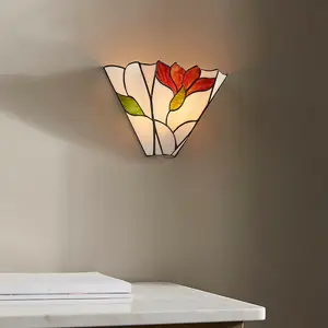 Tiffany Glass Floral Design Wall Light - Dark Bronze Effect - Dimmable LED Lamp