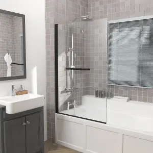 Rinse 800x1400 Square Pivot Bath Shower Screen 6mm Easy Clean Glass Screen Reversible Door Panel Black with Towel Rail