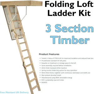 3 Section Timber Folding Loft Ladder Kit Door Hatch & Frame 2.8m Max Height