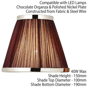 8" Luxury Round Tapered Lamp Shade Brown Pleated Organza Fabric & Bright Nickel