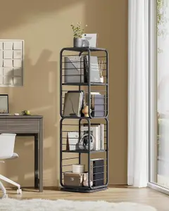 VASAGLE 4-Tier Bookshelf, Rotating Bookcase with Bookends for Small Spaces, Corner Shelf, Ebony Black and Ink Black