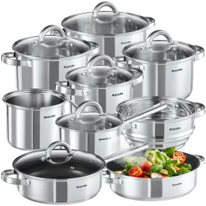 Saucepan Set - 15-pieces, 5 saucepans, 2 frying pans, steamer, milk pot - silver