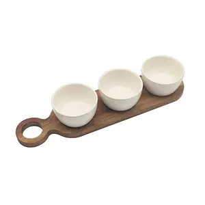 Snack Dish w/ Wood Tray 3pcs Serving Board Party Sauce Chips Dips Platter Bowls