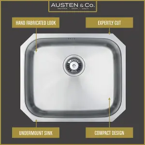 Austen & Co. Amalfi Large Stainless Steel Undermount Single Bowl Kitchen Sink, Lifetime Guarantee, Easy To Clean, Fast Delivery