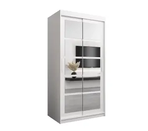 Roma II White Stylish Sliding Door Wardrobe H2000mm W1000mm D620mm with Mirrored Panels