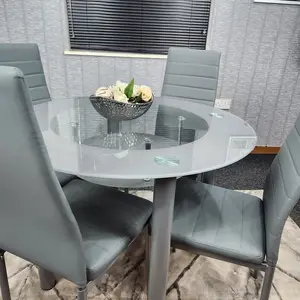 Round Glass Grey Kitchen Dining Table With Storage Shelf And 4 Grey Metal Chairs Set