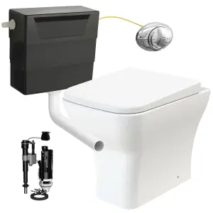 Square Rimless Back to Wall Toilet Pan with Soft Close Seat & Concealed Cistern Chrome Push Button