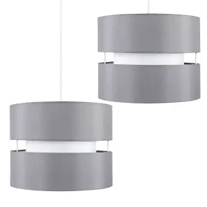 ValueLights Sophia Pair of Modern 2 Tier Grey Cylinder Ceiling Pendant Light Shades