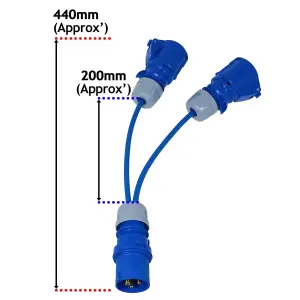 SPARES2GO 16A Splitter Cable 240V Caravan / Motorhome 2 Way Hook Up Y Piece 2 x 16 Amp Sockets (Blue)