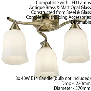 Semi Flush Ceiling Light Antique Brass Opal Glass 3 Bulb Down Lamp Shade Pendant