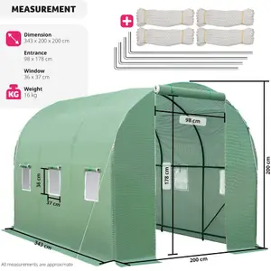 Greenhouse - polytunnel with 6 windows, 343 x 200 x 200 cm - 343 x 200 x 200 cm