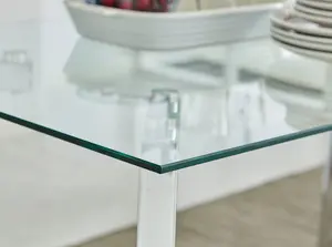 Cosmo Rectangular Chrome Metal And Glass Dining Table for Modern Dining Room With 4 Green Velvet Pesaro Dining Chairs