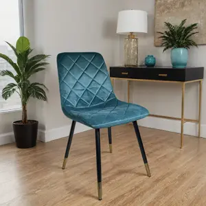 2x Plushore Turquoise Luxury Velvet Dining Chairs With Gold Tipped Black Legs