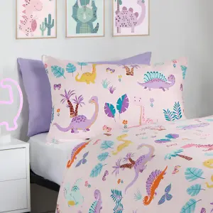 Dino Duvet Cover Bedding Set Reversible Pillowcase Kids Quilt, Pink - Single