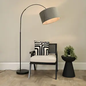 ValueLights Louis Black Arched Curved Floor Lamp with Grey Velvet Drum Lamp Shade and LED Bulb