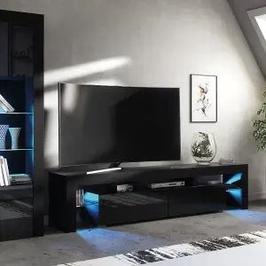 TV Unit 200cm Sideboard Cabinet Cupboard TV Stand Living Room High Gloss Doors - Black