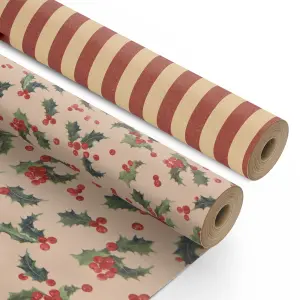 Kraft & Co 2 Pack Christmas Wrapping Paper Roll  (Holly)