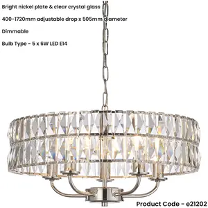 Multi Arm Hanging Ceiling Pendant Light - Bright Nickel Plate & Clear Crystal Glass - 5 X 6W LED E14