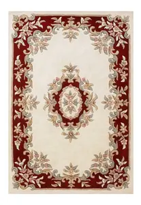 Handmade Bordered Floral Easy to Clean Cream Red Traditional Wool Rug for Living Room & Bedroom-80cm X 150cm