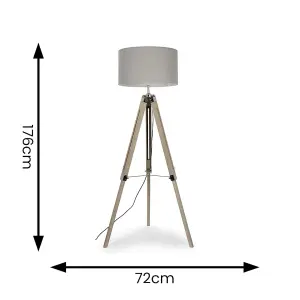 ValueLights Clipper Modern Light Wood & Chrome Tripod Floor Lamp with Grey Drum Shade - Complete with 6w LED Bulb 3000K Warm White