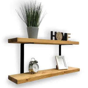 40cm Double Rustic Wooden Shelves Wall-Mounted Shelf with Seated Black L Brackets, Kitchen Deco(Rustic Pine, 40cm (0.4m)