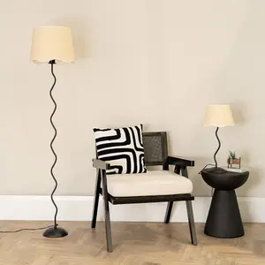 ValueLights Wiggle Black Metal Single Stem Floor Lamp with Linen Scallop White Trim Tapered Shade and LED Bulb