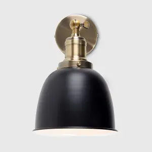 ValueLights Wilhelm Antique Brass Adjustable Knuckle Joint Wall Light with Gloss Black Dome Shade