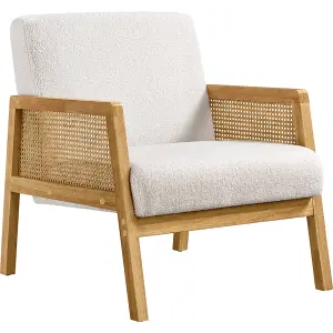 Yaheetech Ivory Boucle Upholstered Accent Chair with Rattan Sides and Rubberwood Legs