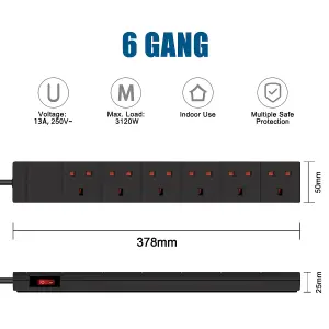 Extrastar 6 Way Extension Leads 13A, 1M, Black, with Switch, Child-Resistant Sockets