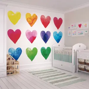 Origin Murals Bright Coloured Hearts on a White Background Matt Paste the Wall Mural 300cm wide x 240cm high