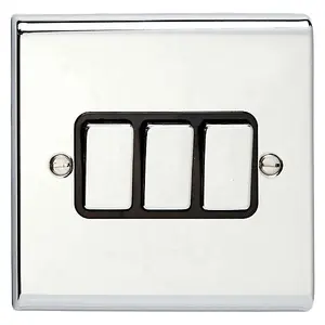 Deta SD1205CHB Light Switch 10 Amp 3 Gang 2 Way (Polished Chrome / Black Insert)