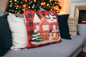 Xmas Haus Christmas Themed Cushion Snowy House with Snowman and Deer Red/Black Linen