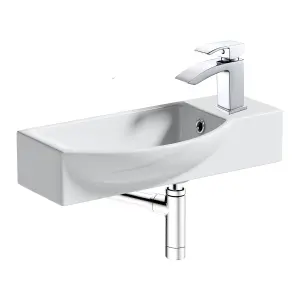 460mm Curved Wall Hung 1 Tap Hole Basin Chrome Lucia Waterfall Tap & Minimalist Bottle Trap Waste