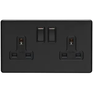 2 Gang Double DP 13A Switched UK Plug Socket SCREWLESS MATT BLACK Wall Power