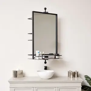 Melody Maison Large Black Rotating Metal Storage Shelf Wall Mirror - 94cm x 51cm