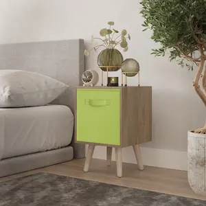 URBNLIVING 50cm Height Green 1-Drawer Cube Oak Shelving Unit with Scandinavian Pine Legs