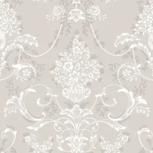 Amelie Damask Floral Mushroom & White Wallpaper 260253