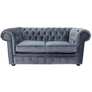 Chesterfield 2 Seater Sofa Malta Grey Blue Piping Velvet Fabric In Classic Style