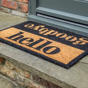 Printed Natural Coir Door Mat Hello Goodbye Decorative Heavy Duty Entrance Mat 45cm x 75cm Indoor / Sheltered Outdoor Use