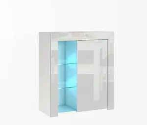 Glass Display Cabinet Compact Bookcase Shelf Unit RGB LEDs WHITE High Gloss Lily