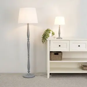 ValueLights Victoria Traditional Grey Wood Candlestick Table Lamp with White Tapered Shade - LED Bulb Included