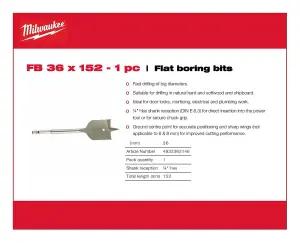 Milwaukee - Flat Boring Drill Bit 36mm x 152mm -1 Piece