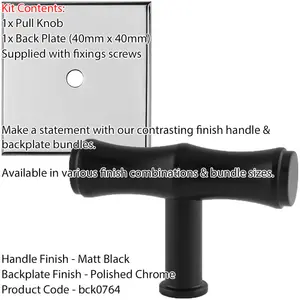 Cabinet Door Knob & Contrasting Backplate Set - Bamboo T Bar Pull - Matt Black & Chrome