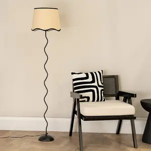 ValueLights Wiggle Black Metal Single Stem Floor Lamp with Linen Scallop Black Trim Tapered Shade