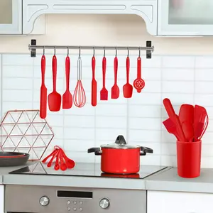 15 Pieces Set, Silicone Spatulas Kitchen Utensils For Cooking Baking Mixing, Non Stick & Heat Resistant Rubber Kitchen Tools With Holder, Healthy & One Piece Design, Black Red