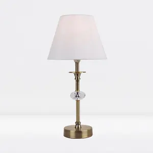 First Choice Lighting Antique Brass Plated Stacked Bedside Table Light Faceted Detail White Fabric Shade