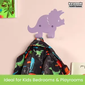 Dinosaur Double Coat Hooks, Door Wall Mounted Hanger Kids Children Room Nursery, Fixings Included (Purple)